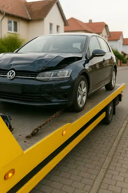 Defektes Auto wird in Marburg abgeschleppt, um es zum Autoankauf zu bringen.